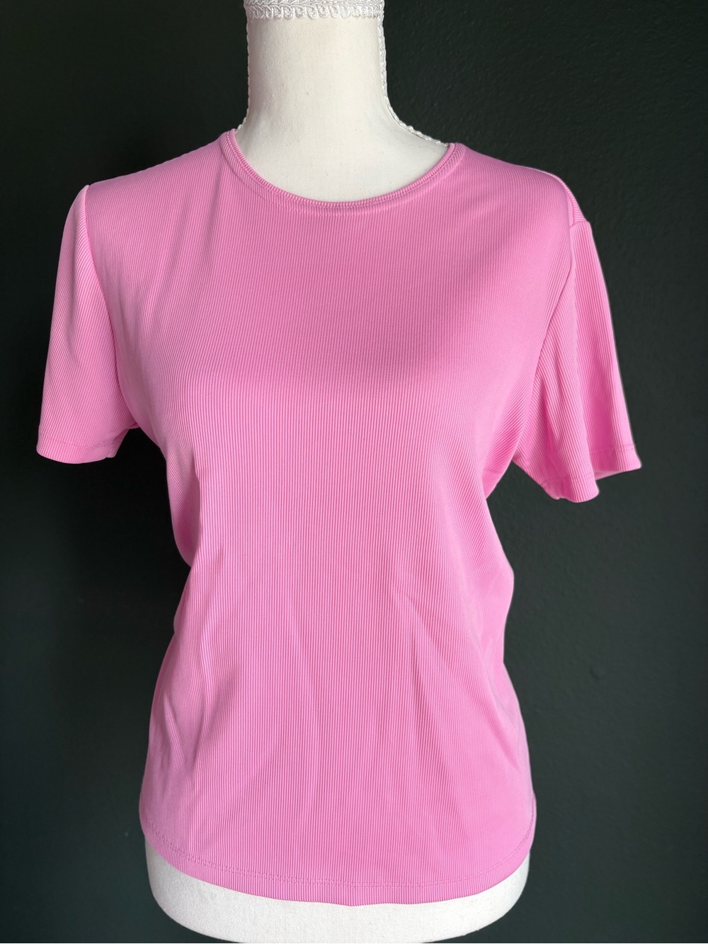 Vintage Laura Scott Pink Ribbed Knit Tee Shirt Women’s Large Made in USA